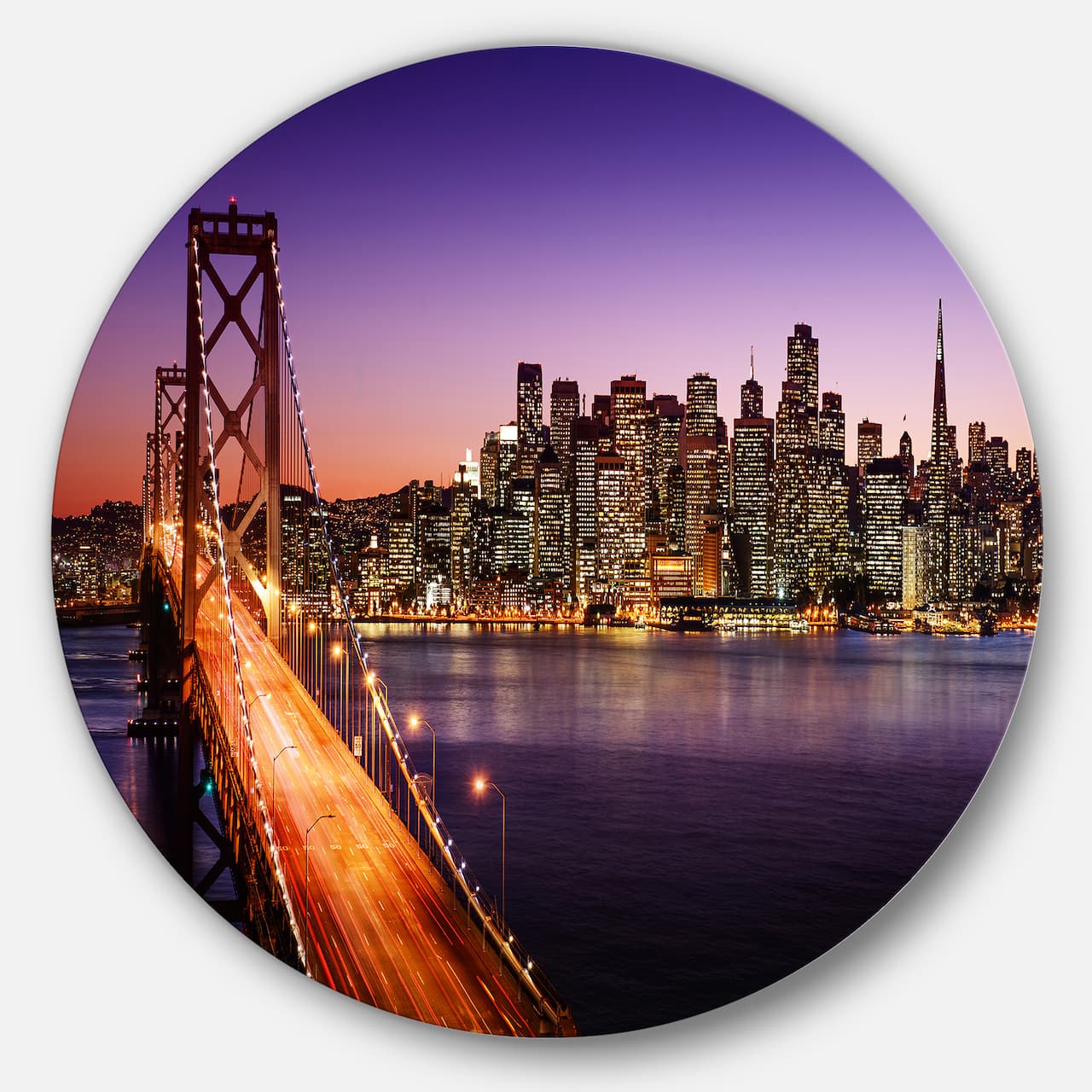 Designart - San Francisco skyline and Bay Bridge' Ultra Glossy Sea Bridge Metal Circle Wall Art